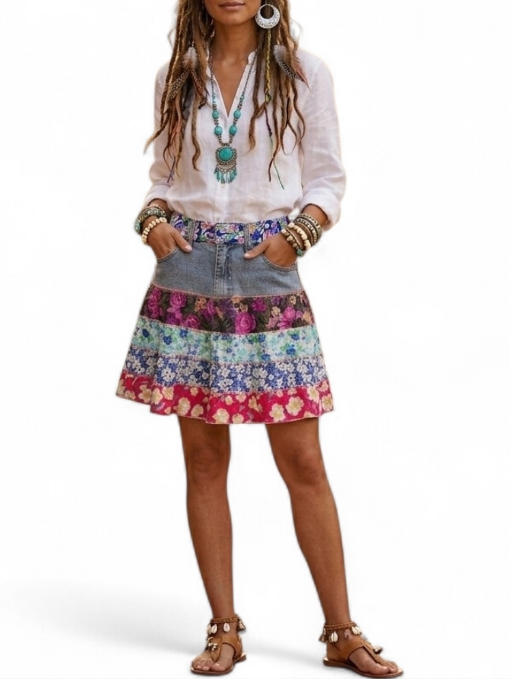 Sacred Threads Vintage Boho Denim Floral Tiered Maxi Skirt 30